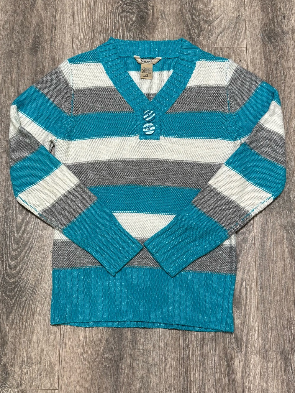 Arizona Jean Company Teal Gray White Striped V-Neck Sweater